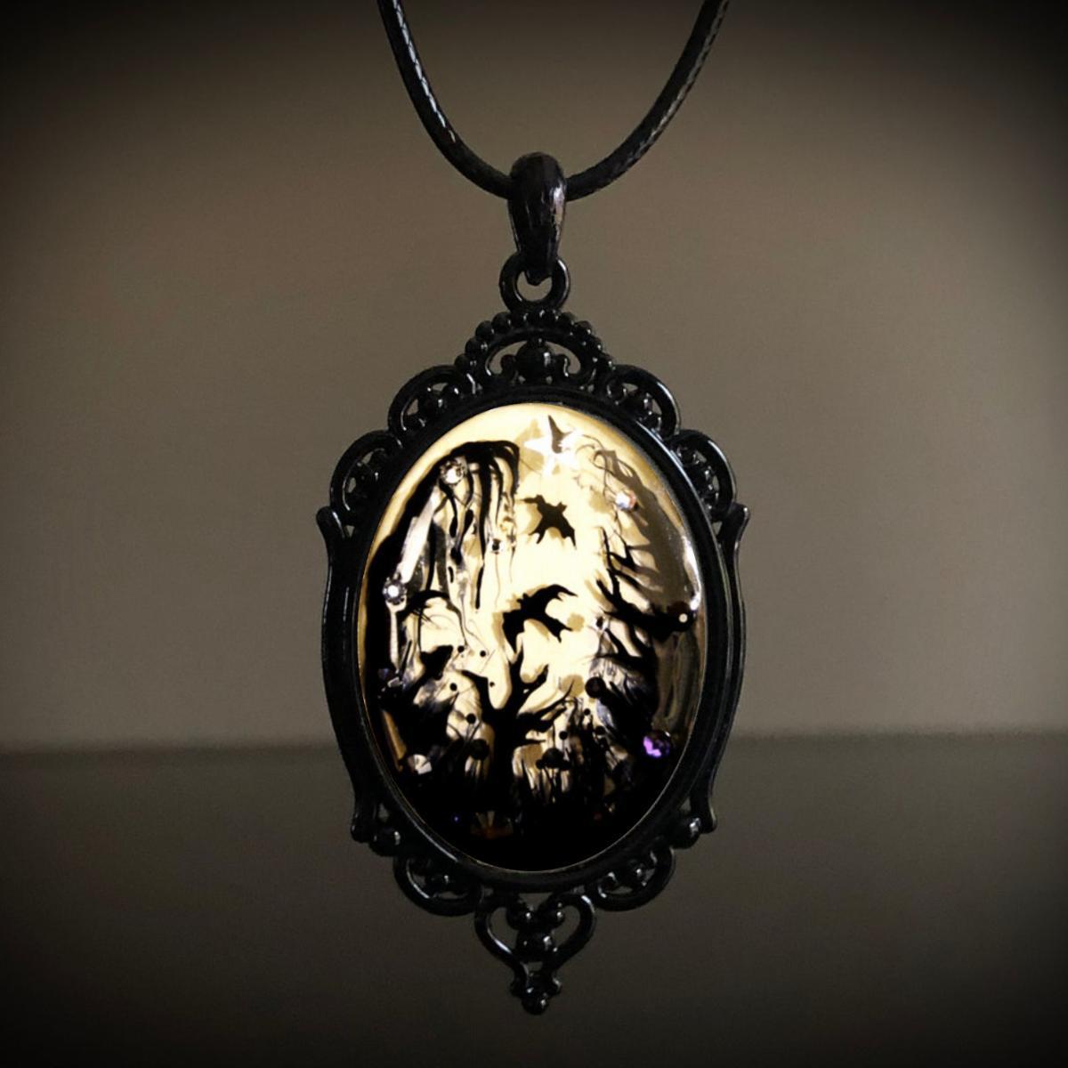 Gothic Crow Forest Pendant Charm Necklace