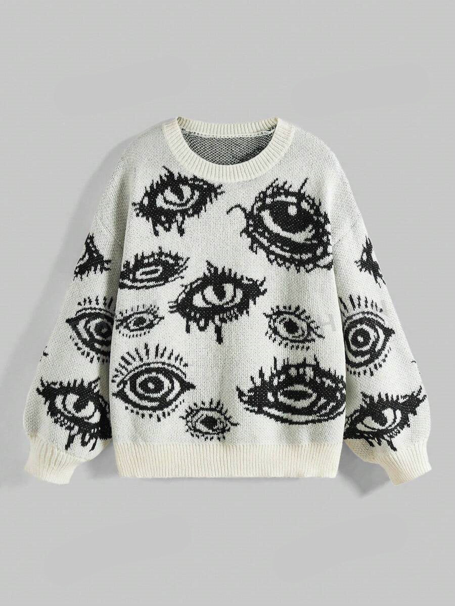 Round Neck Wide Knitted Jacquard Sweater