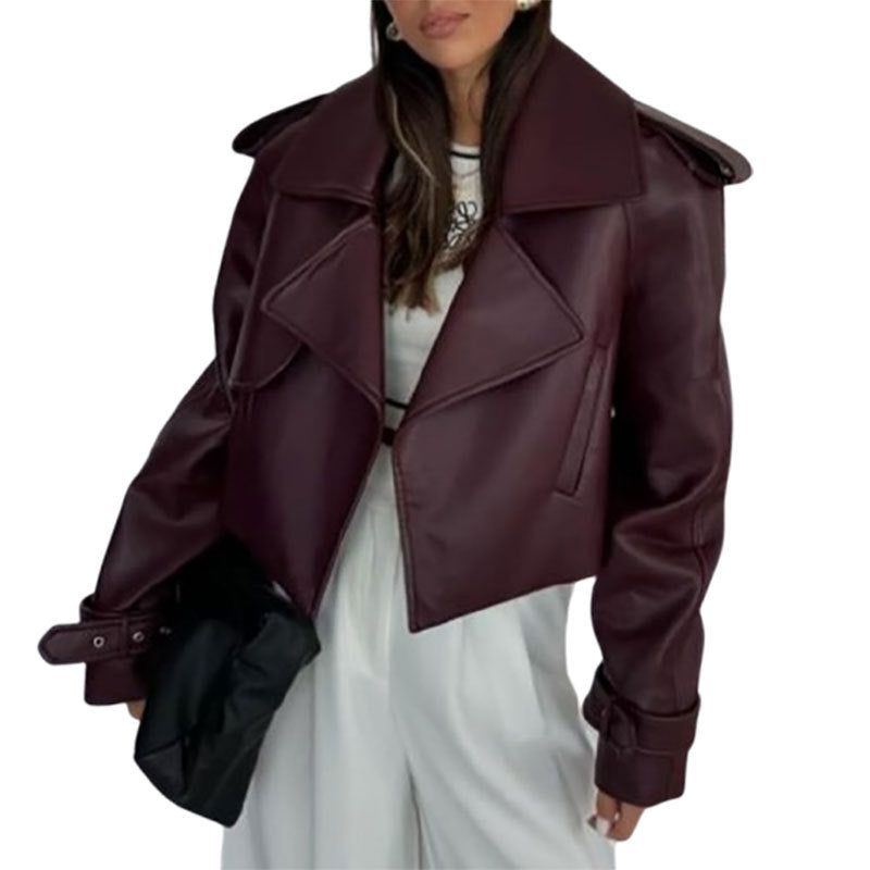 Solid Color Leather Coat