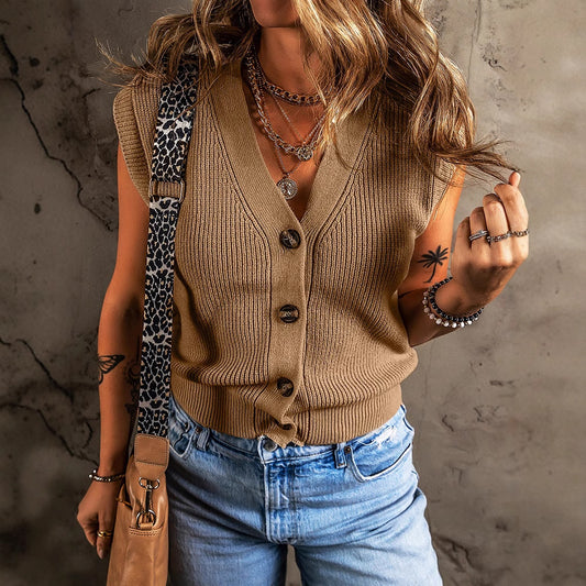 Fashionable All-matching Knitted V-neck Vest Women