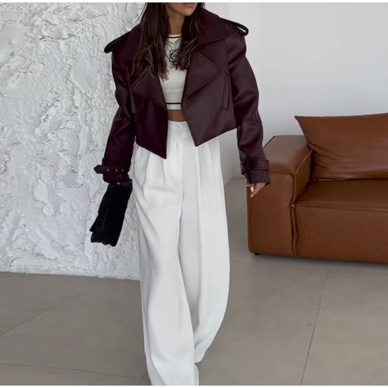 Solid Color Leather Coat