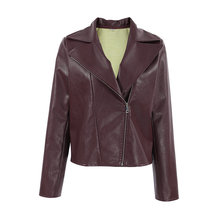 Wine Red Faux Leather Long Sleeve Jacket