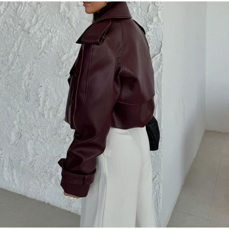 Solid Color Leather Coat