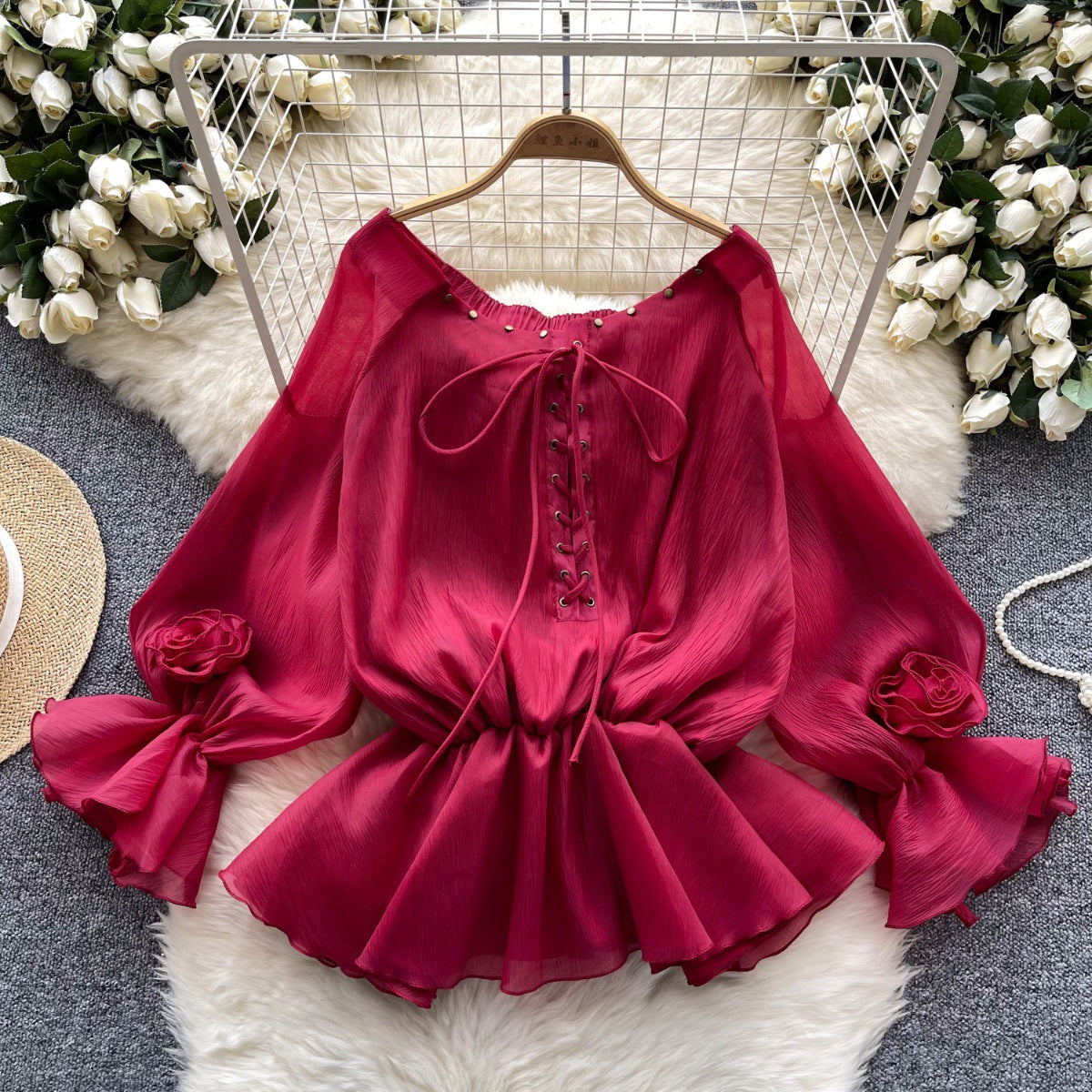 Flared Long Sleeve Waist-tight Chiffon Shirt