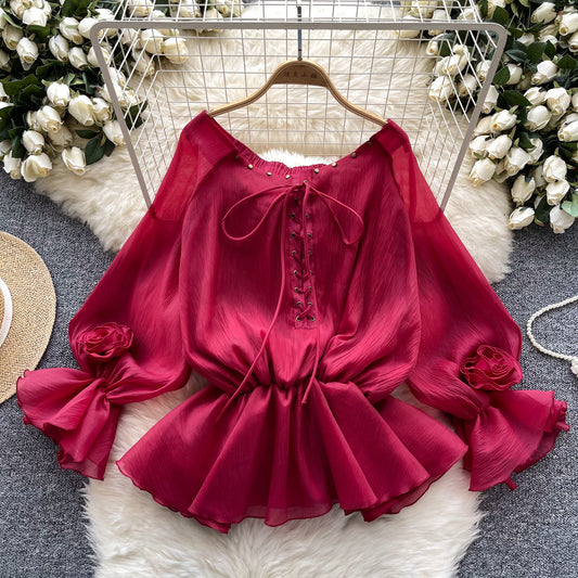 Flared Long Sleeve Waist-tight Chiffon Shirt