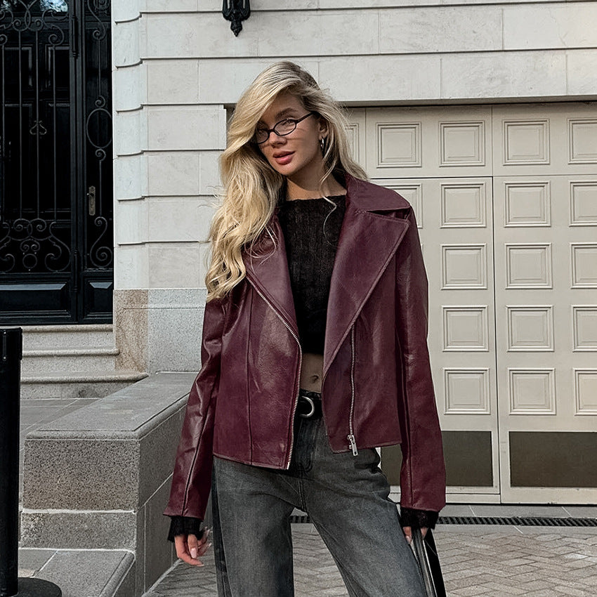 Wine Red Faux Leather Long Sleeve Jacket