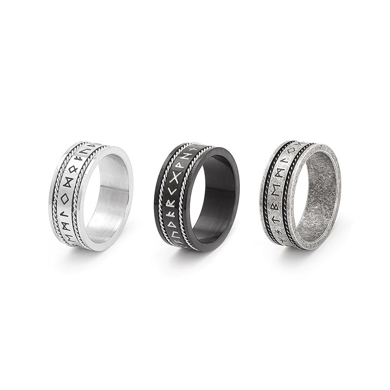 Nordic Retro Viking Text Double Wire Rope Titanium Steel Ring