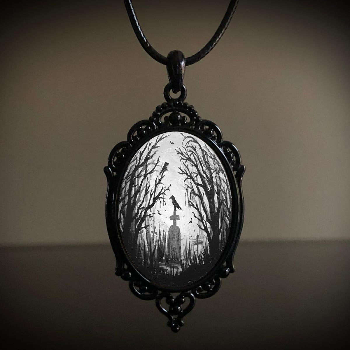 Gothic Crow Forest Pendant Charm Necklace
