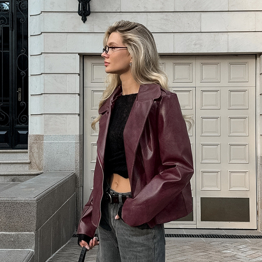 Wine Red Faux Leather Long Sleeve Jacket