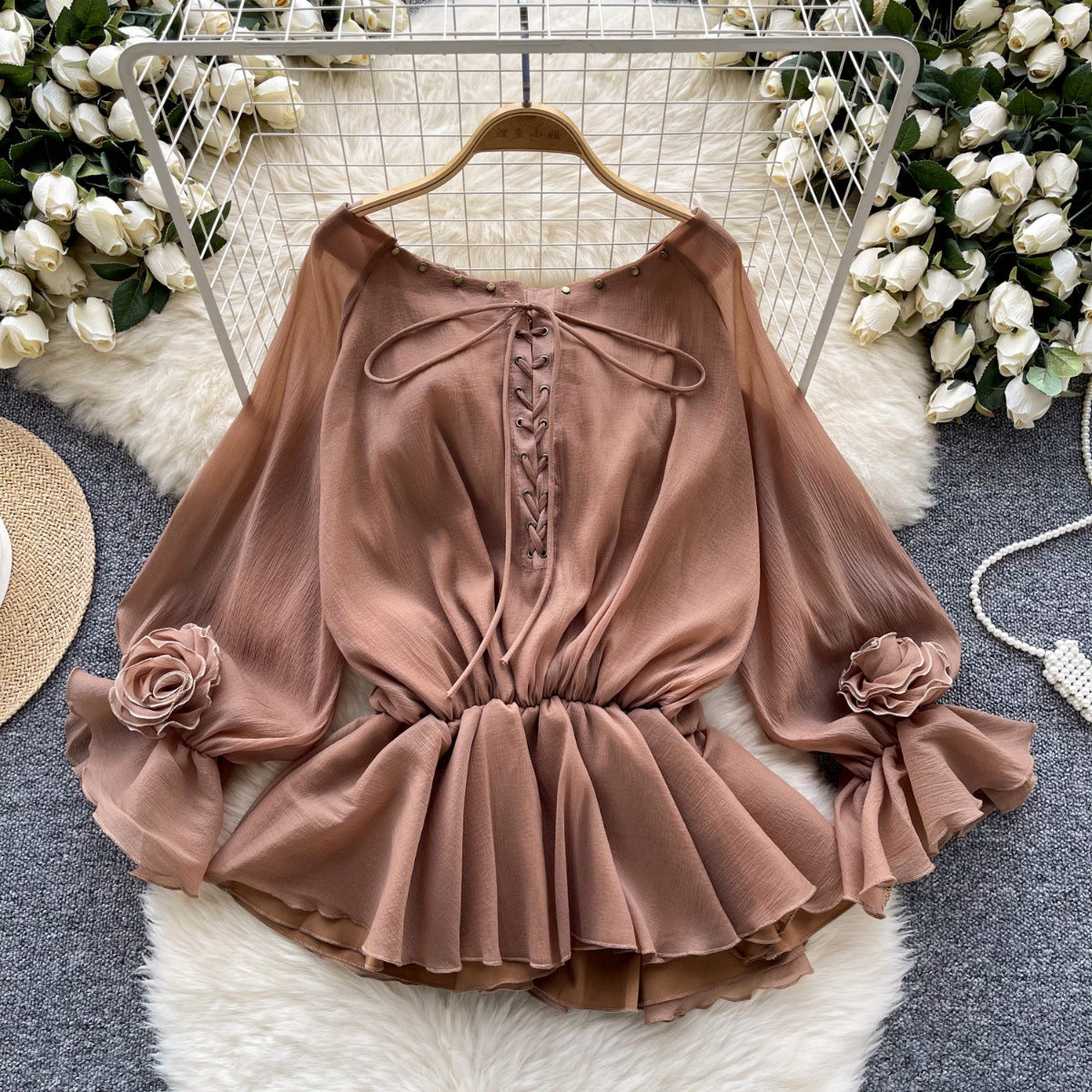 Flared Long Sleeve Waist-tight Chiffon Shirt