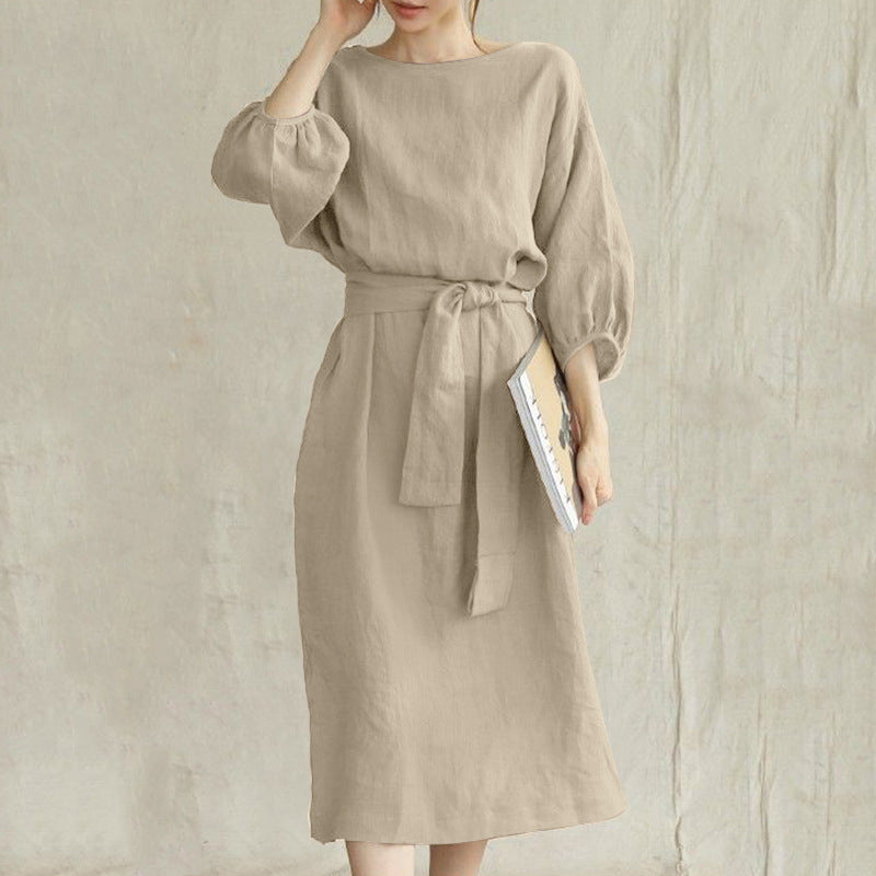 High Waist Lace-up Round Neck Dress