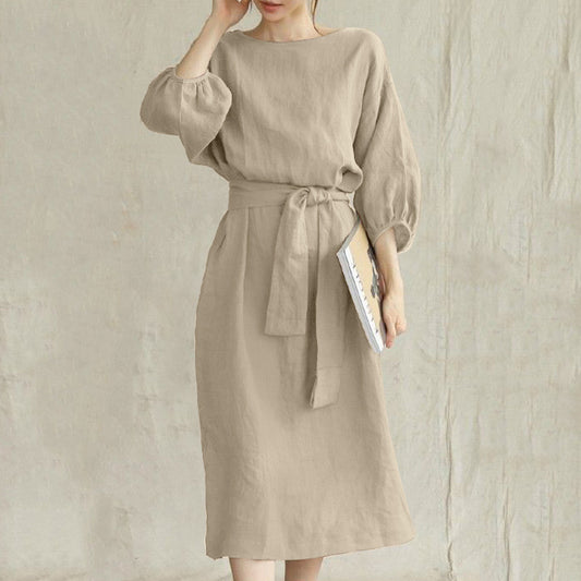 High Waist Lace-up Round Neck Dress