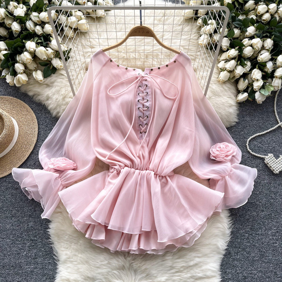 Flared Long Sleeve Waist-tight Chiffon Shirt