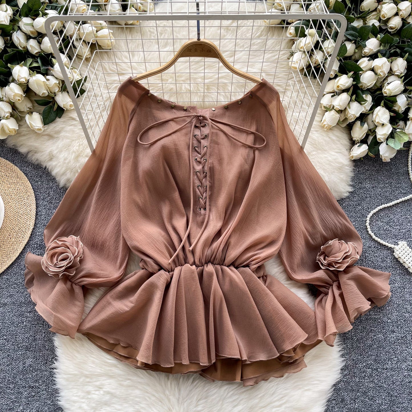 Flared Long Sleeve Waist-tight Chiffon Shirt