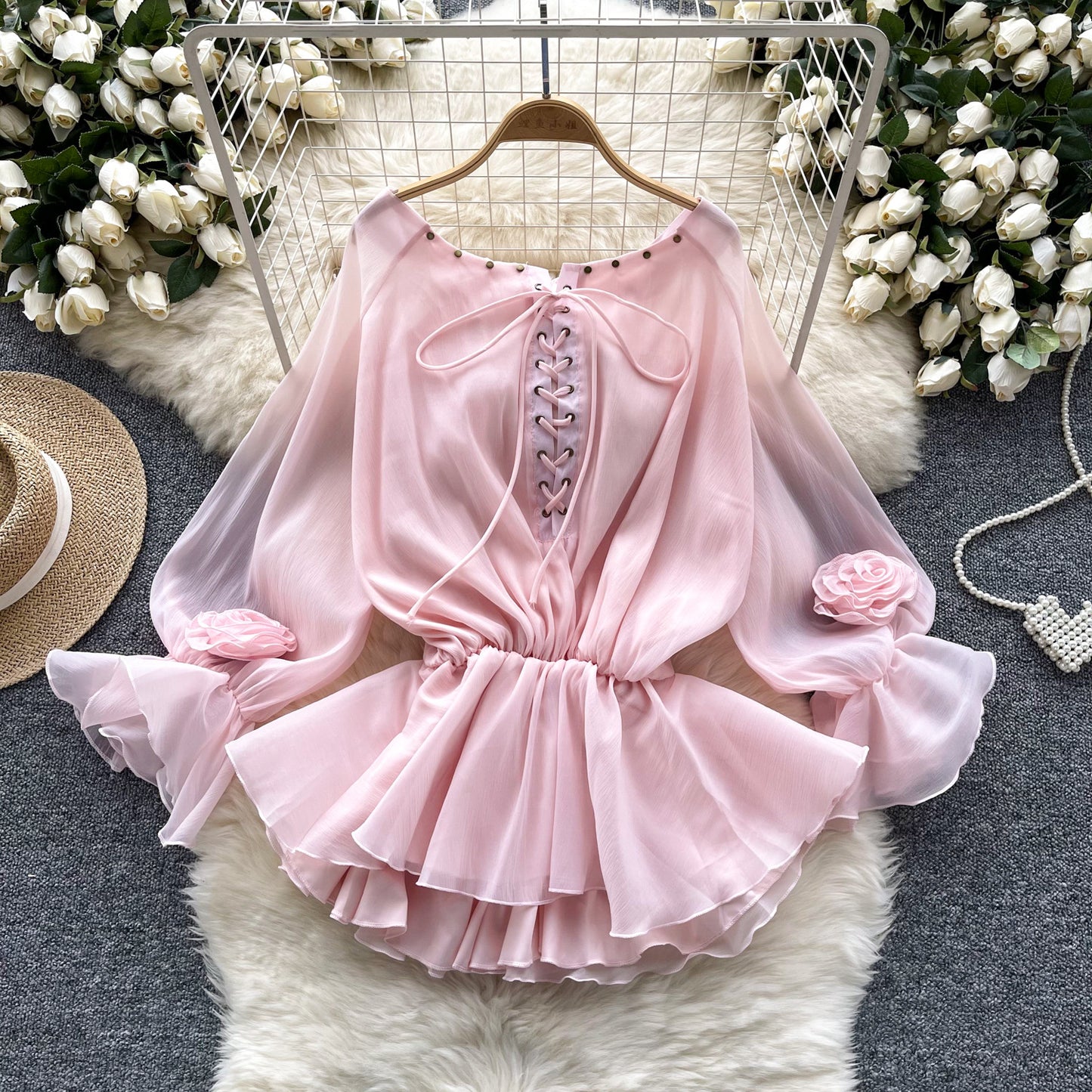 Flared Long Sleeve Waist-tight Chiffon Shirt