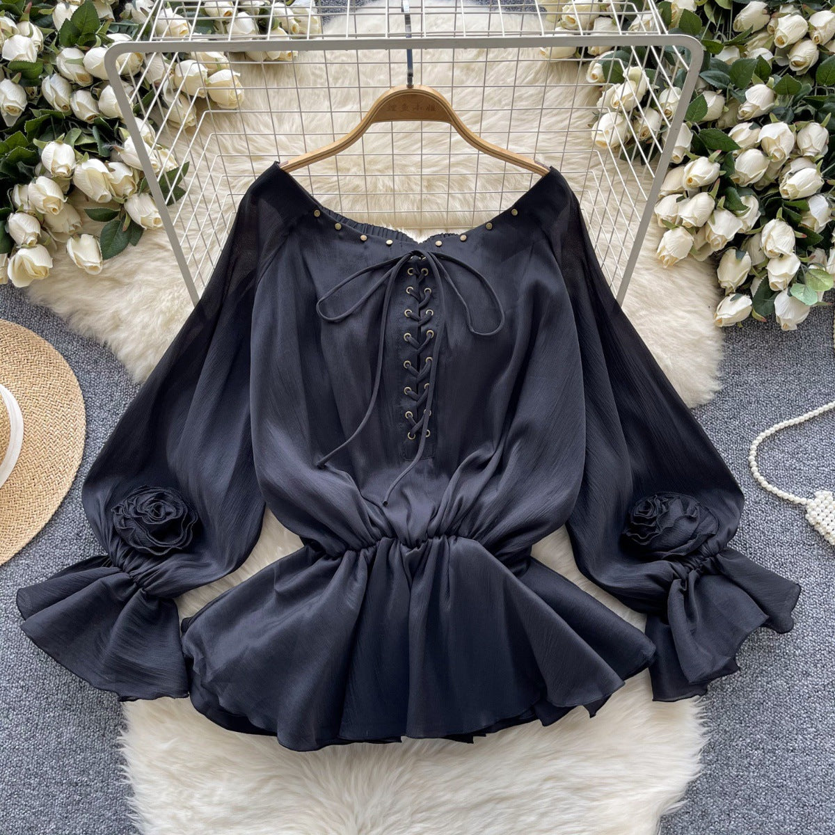 Flared Long Sleeve Waist-tight Chiffon Shirt