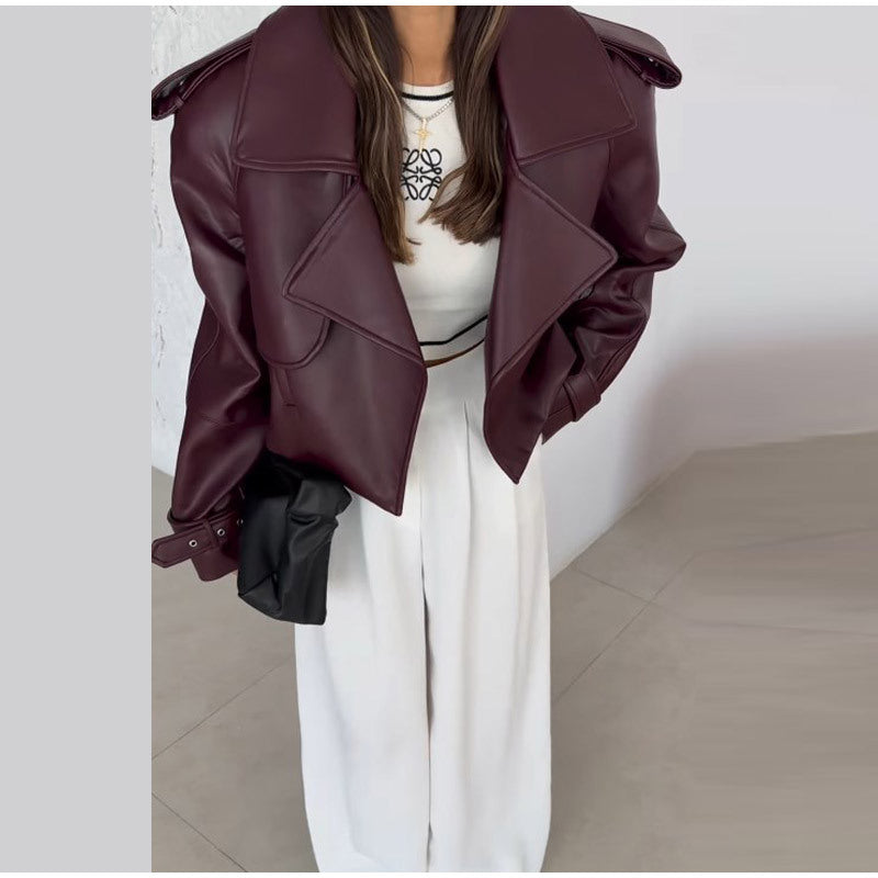 Solid Color Leather Coat