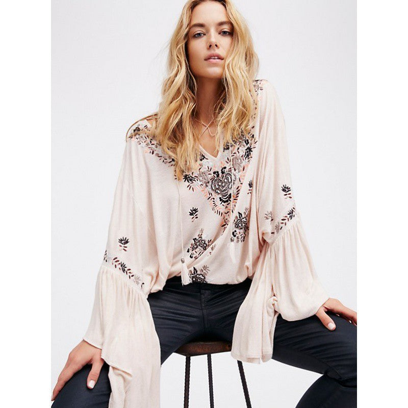 Women's Bohemian V-neck Lace-up Top