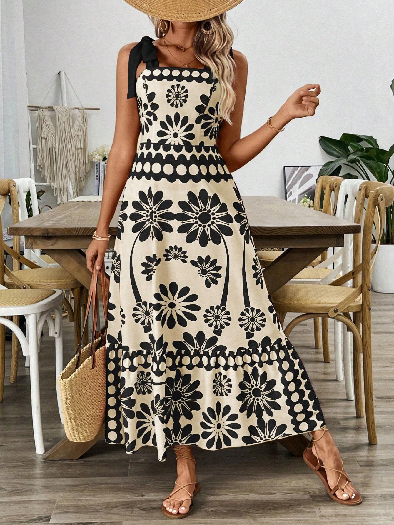 Floral Print Shoulder Tie Waist Suspender Dress