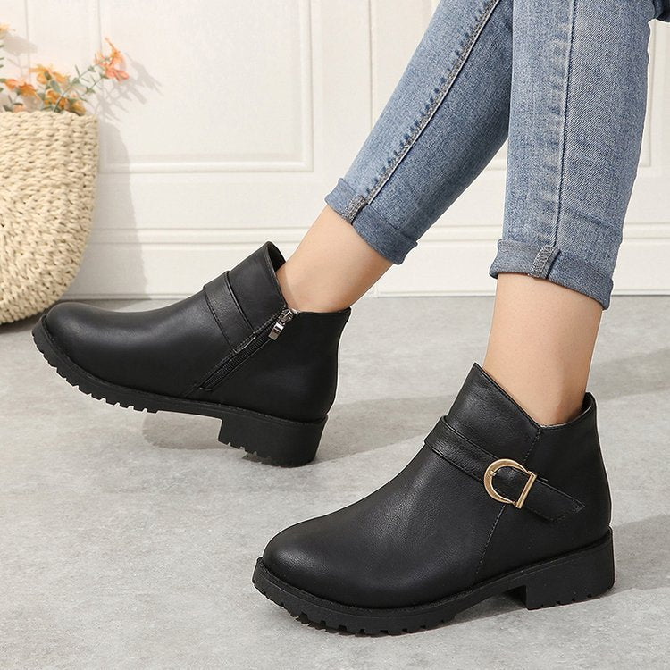 Belt Buckle Zipper Leather Boots
