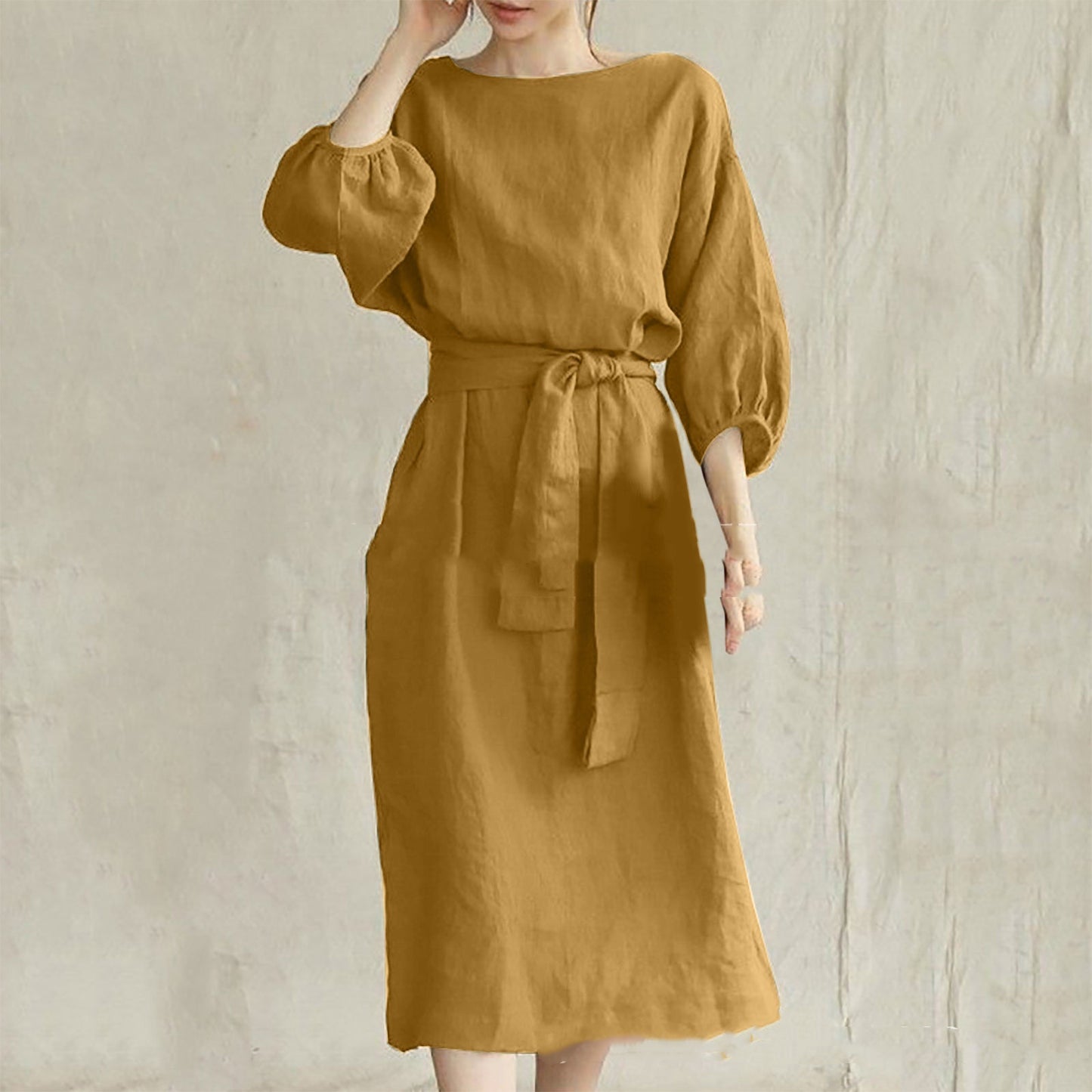 High Waist Lace-up Round Neck Dress