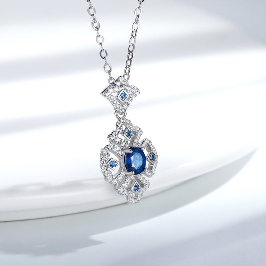 Silver Retro Pattern Necklace Women's Versatile Natural Sapphire Pendant