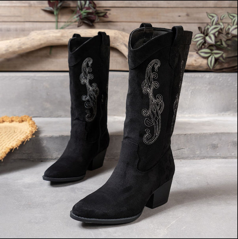 Embroidered Side Zipper Versatile Boots