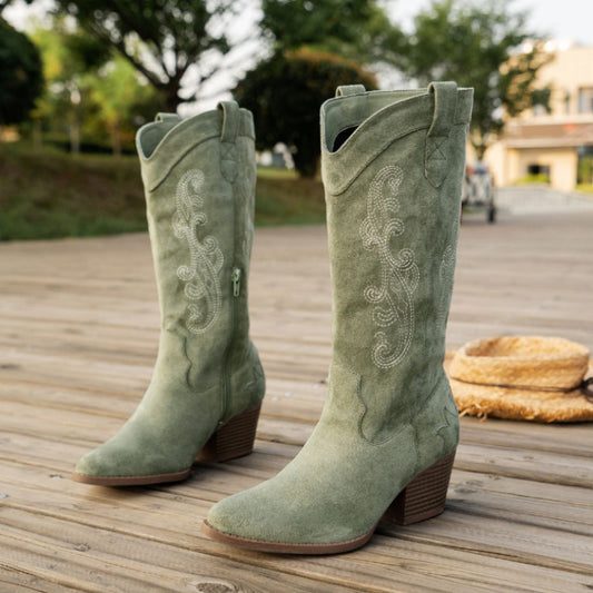 Embroidered Side Zipper Versatile Boots