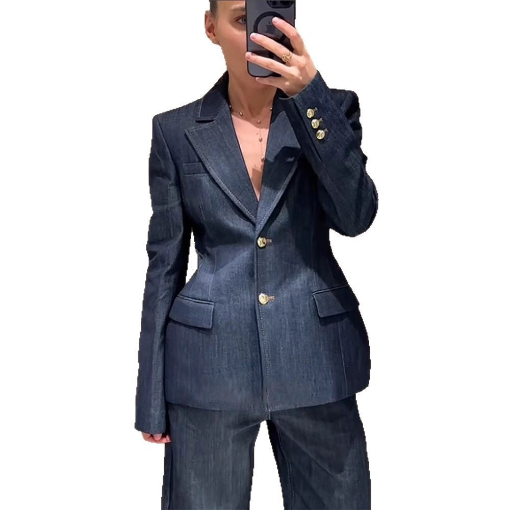 Dark Blue Temperament Waist-controlled Denim Suit