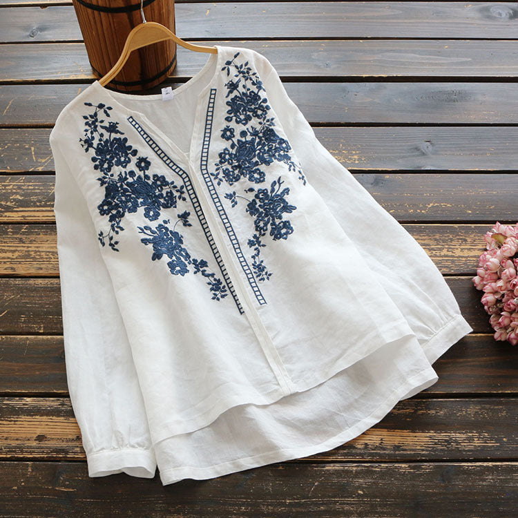 V-Neck T-Shirt Vintage Embroidered Blouse