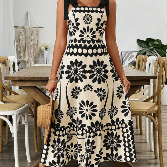 Floral Print Shoulder Tie Waist Suspender Dress