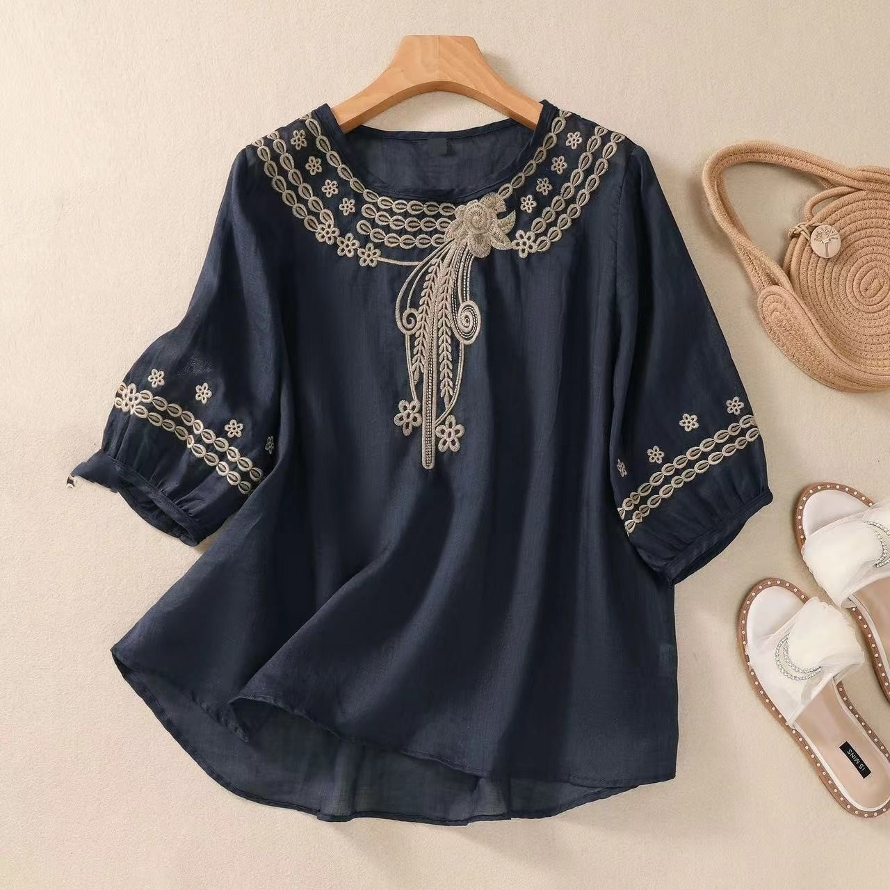 Vintage Cotton And Linen Embroidered Shirt
