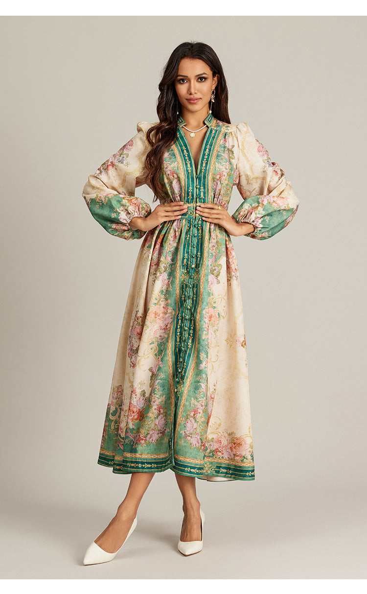 Special V-neck Vintage Printed Maxi Dress For Women