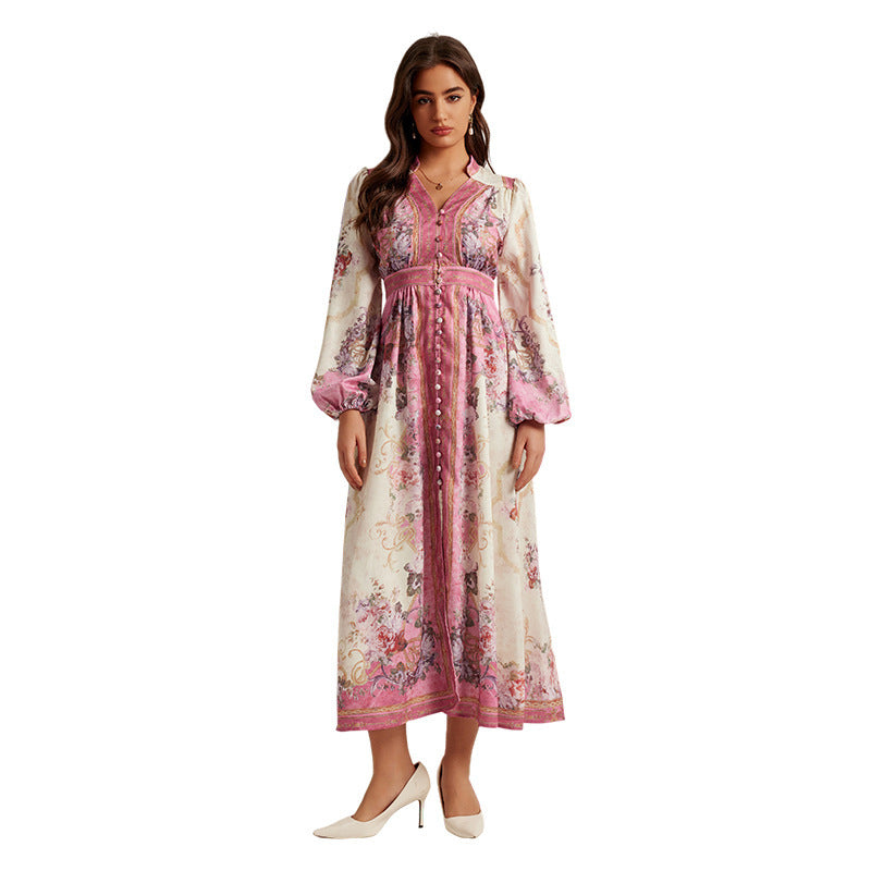 Special V-neck Vintage Printed Maxi Dress For Women