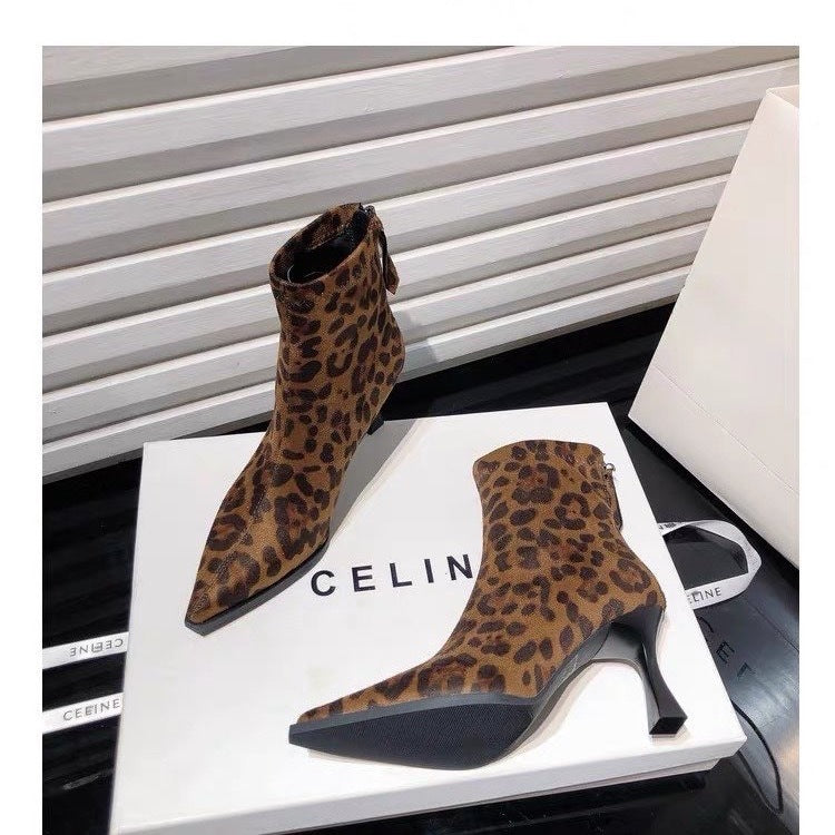 Leopard Pointed Ankle Boots For Women