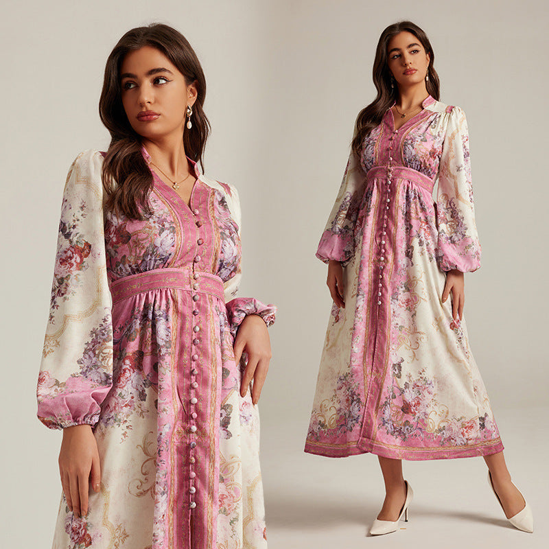 Special V-neck Vintage Printed Maxi Dress For Women