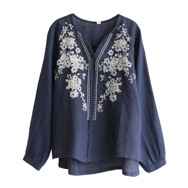 V-Neck T-Shirt Vintage Embroidered Blouse