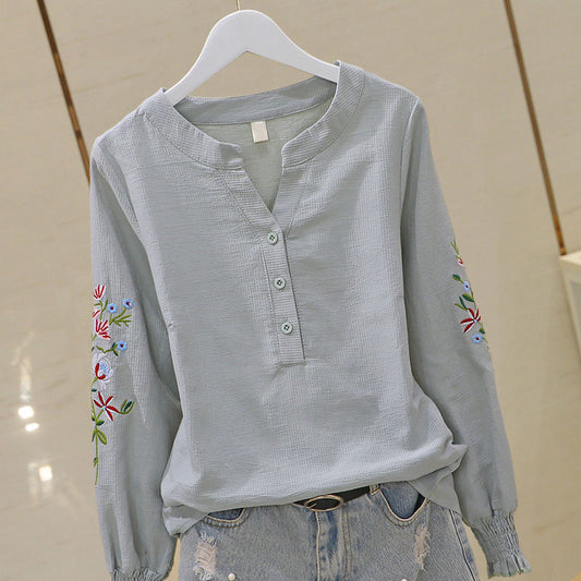 V-neck Embroidery Pleating Long Sleeve