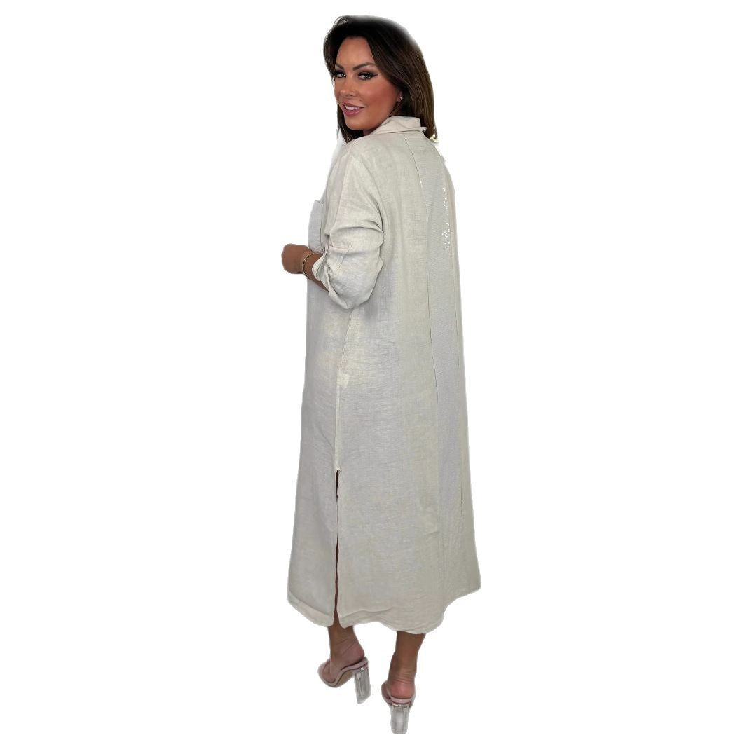 Women's Cotton And Linen Sequined Pocket Dress
