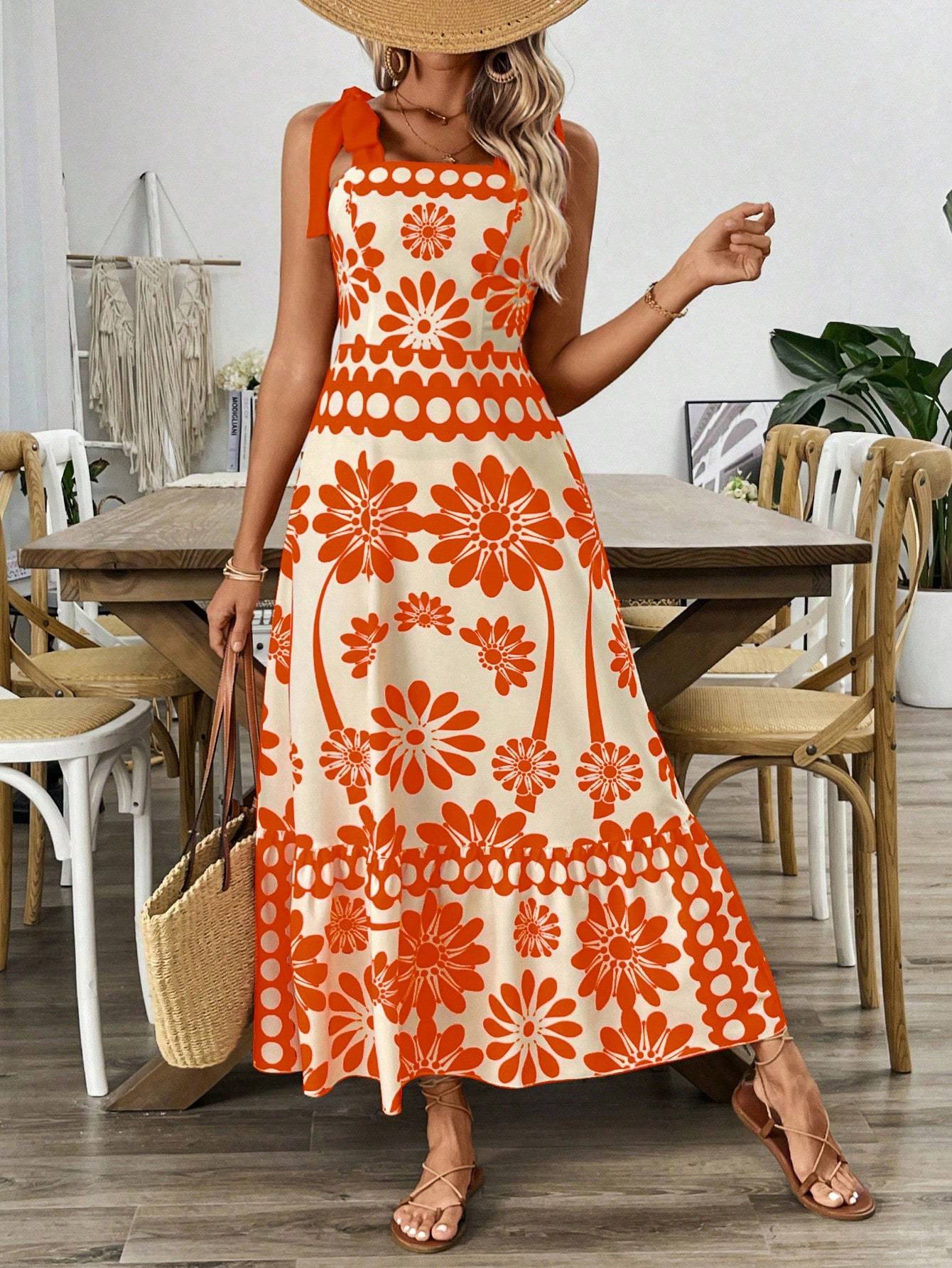 Floral Print Shoulder Tie Waist Suspender Dress