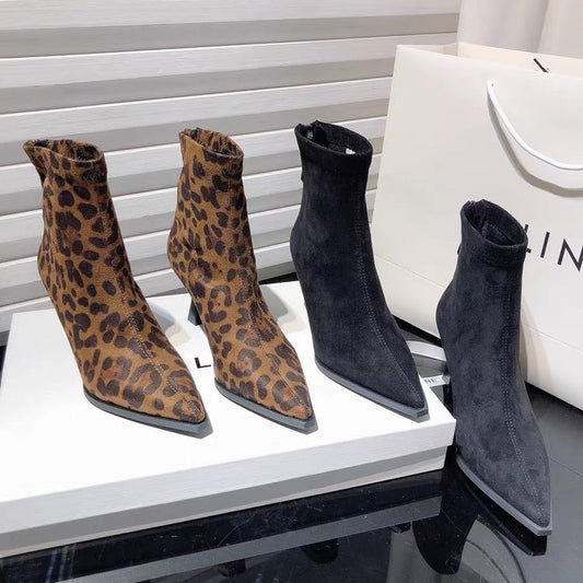 Leopard Pointed Ankle Boots For Women